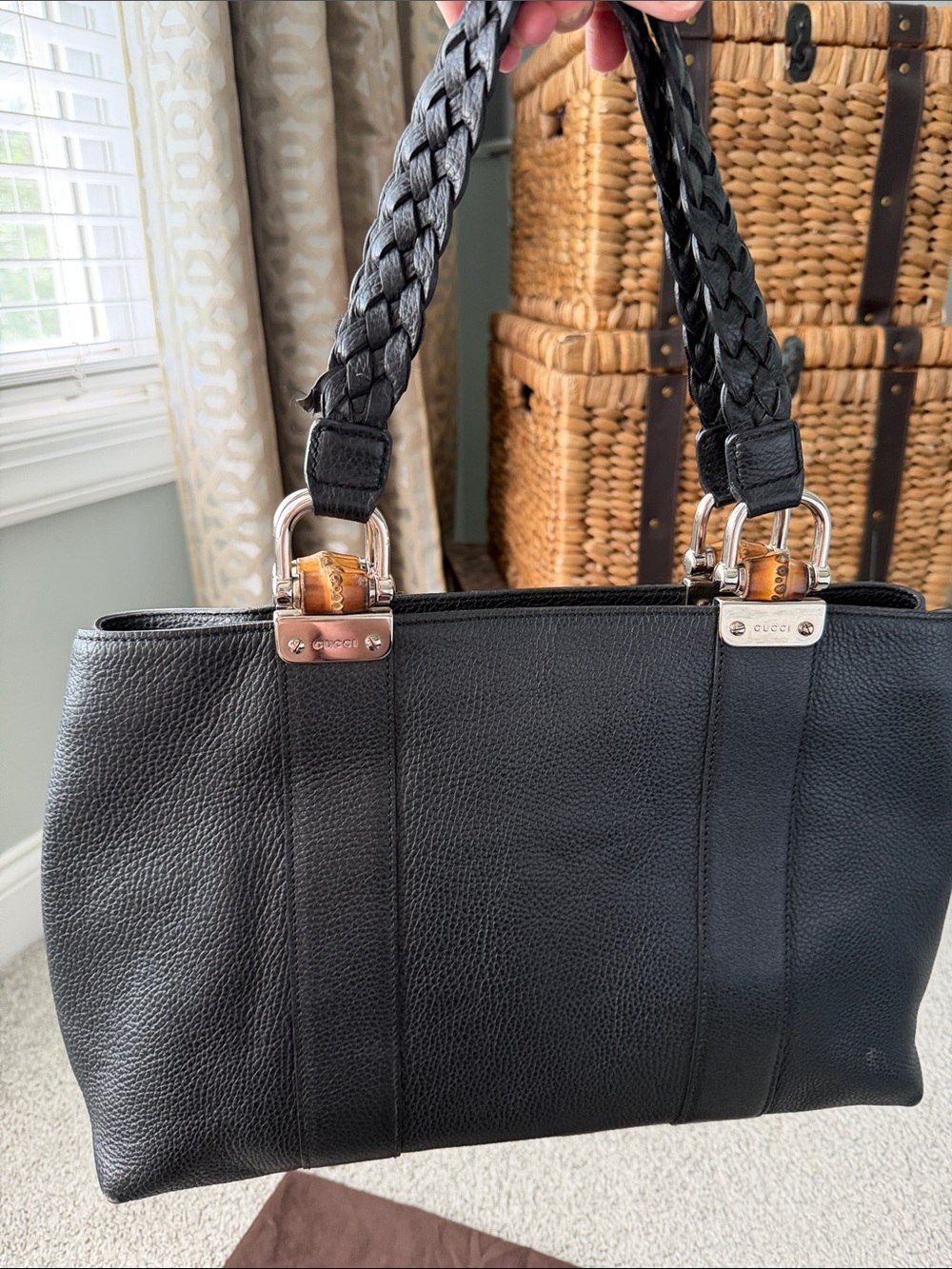 Gucci Black Pebbled Leather Braided-Handle Tote with Silver Accents